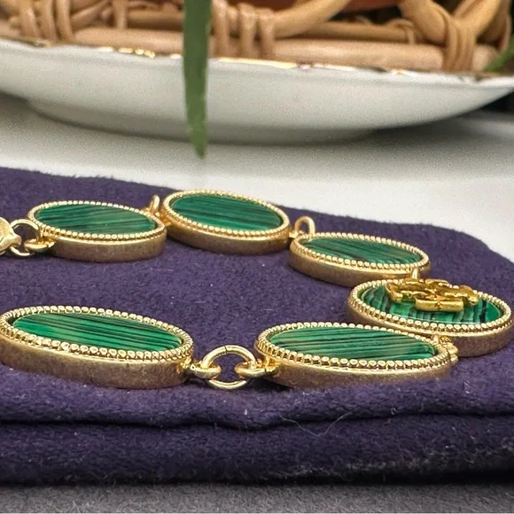 Tory Burch Malachite Link Bracelet Gold Green Logo Medallions Adjustable - Picture 4 of 6